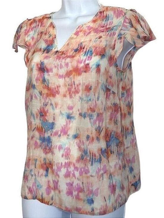 Nanette Lepore Tops - Nanette Lepore Women's XS Watercolor V-Neck Flutter Sleeve Blouse Top Pink